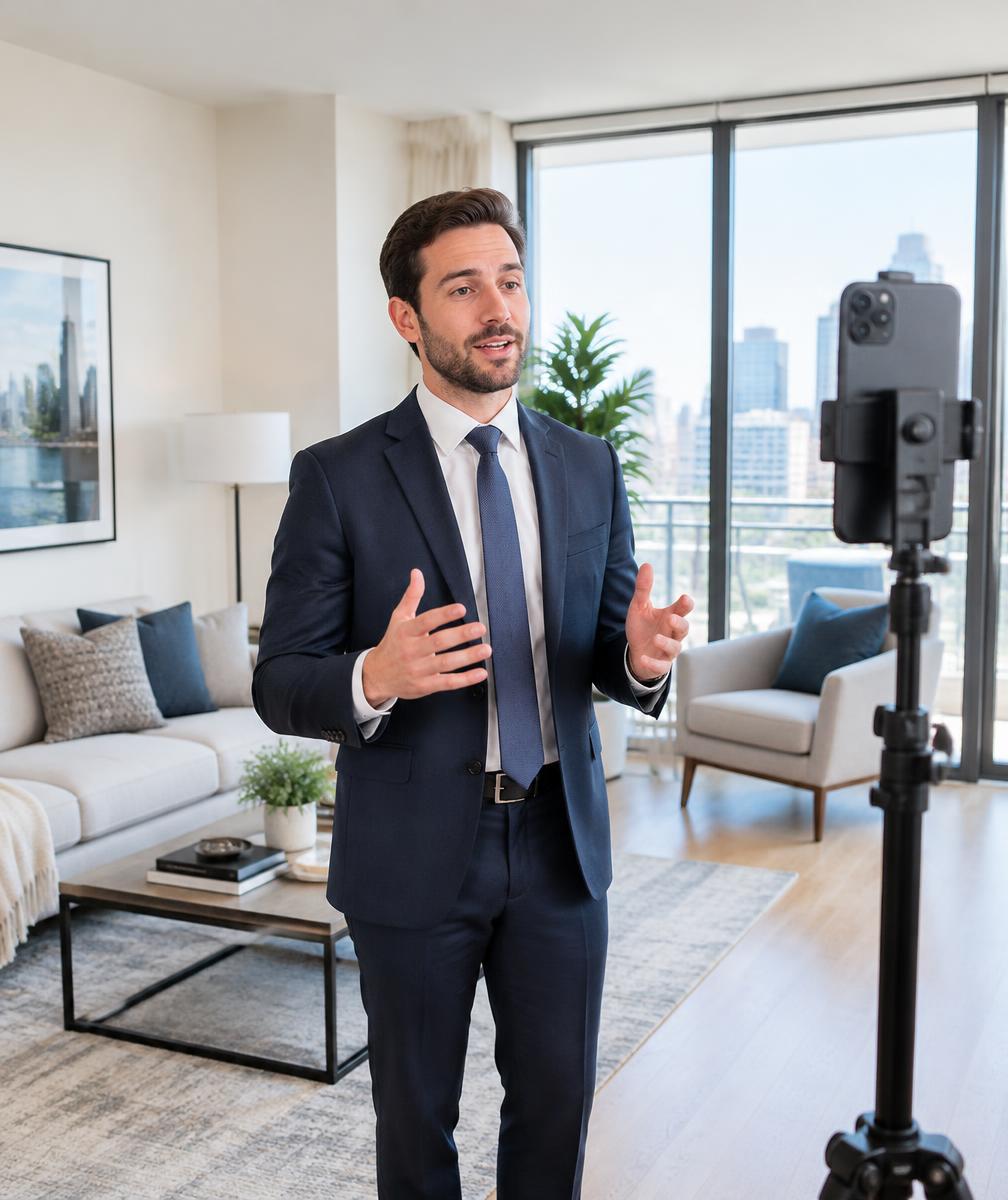 Asesor inmobiliario grabando un video en un departamento
